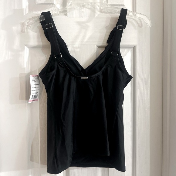 DKNY Ruffled V Neck Tankini Swimsuit Top‎ Womens Small Black Stretchy UPF NWT - Picture 4 of 11